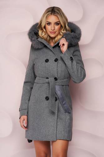 Palton din lana gri cambrat cu gluga detasabila - SunShine