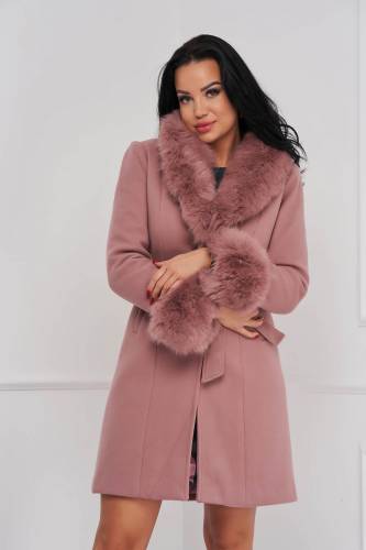 Palton din lana roz prafuit cambrat cu guler detasabil din blana - SunShine