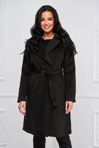 Palton din stofa negru cu croi larg si buzunare laterale - SunShine