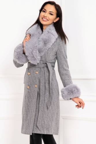 Palton din lana Katerina gri cu guler si mansete din blana ecologica