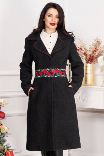 Palton din stofa elegant negru-antracit cu banda brodata in talie