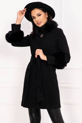 Palton elegant Lyana din lana negru captusit pe interior cu insertii de blana
