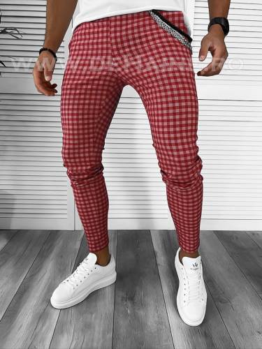 Pantaloni barbati casual regular fit rosii in carouri B1855 15-5 e