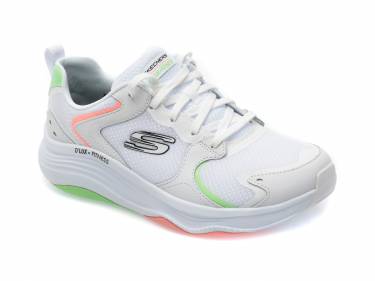 Pantofi sport SKECHERS albi - D LUX FITNESS - din piele ecologica si material textil