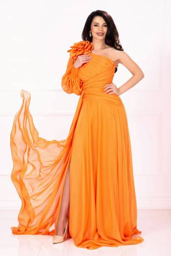 Rochie de lux Chic Diva orange lunga cu fronseuri si floare 3D