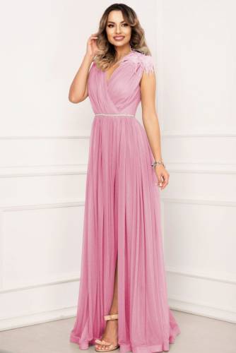 Rochie de lux Maia rose lunga eleganta cu sclipici si accesoriu cu fulgi