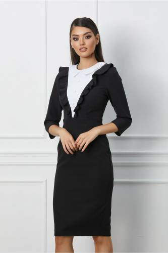 Rochie Dy Fashion neagra cu volanas si nasturi la bust